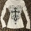 HOUZHOU Gothic Graphic White T-shirts Women Vintage Y2k Grunge T-shirt Harajuku American Retro Sexy V-neck Tees Aesthetic Tops