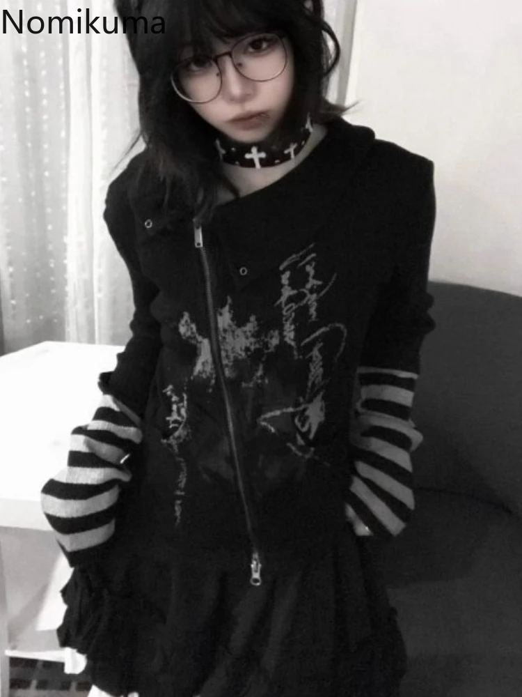 2024 Women Clothing Print Striped T Shirts Slim Fit Irregular Tees Chic Korean Camisetas Y2k Tops Casual Zipper Fake Two Tshirts