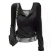 New Design Fashion T-Shirts Women Square Collar Fake Two Pieces Striped Top Long Sleeve Slim Casual Tees American Retro Y2K