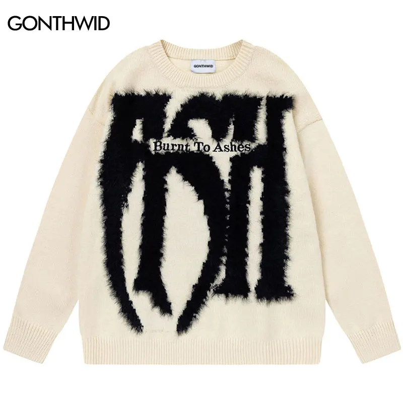 Harajuku Men Sweaters Y2K Embroidered Knitted Letter Jumpers Streetwear Men Hip Hop Casual Baggy Punk Gothic Pullover Sweaters