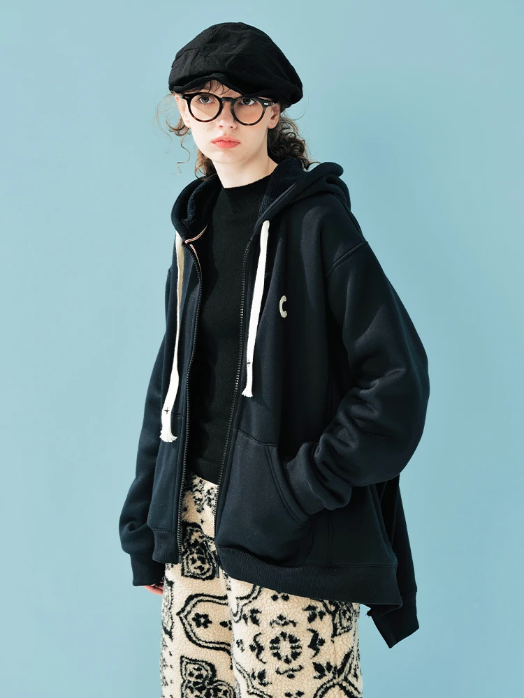 IMAKOKONI original design long sleeved round neck pullover with velvet solid color cardigan hooded jacket