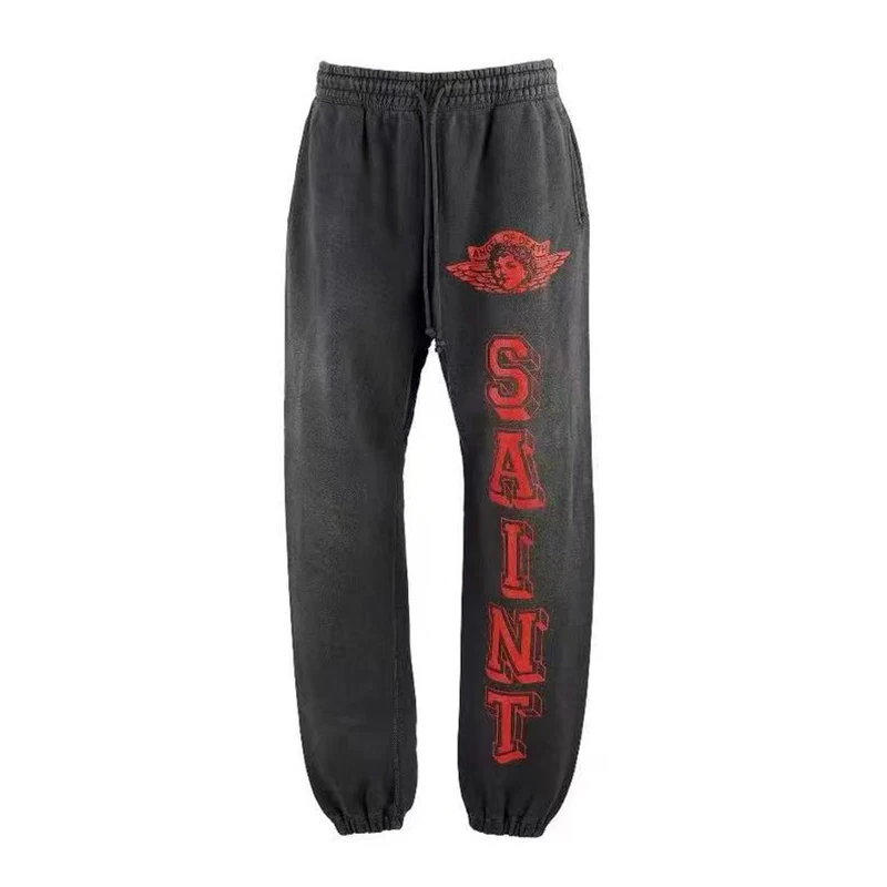 Classic Red Letter Print Saint Sweatpants Men Women High Quality Jogger Drawstring Casual Pants Vintage Washed Black Trousers - Image 2