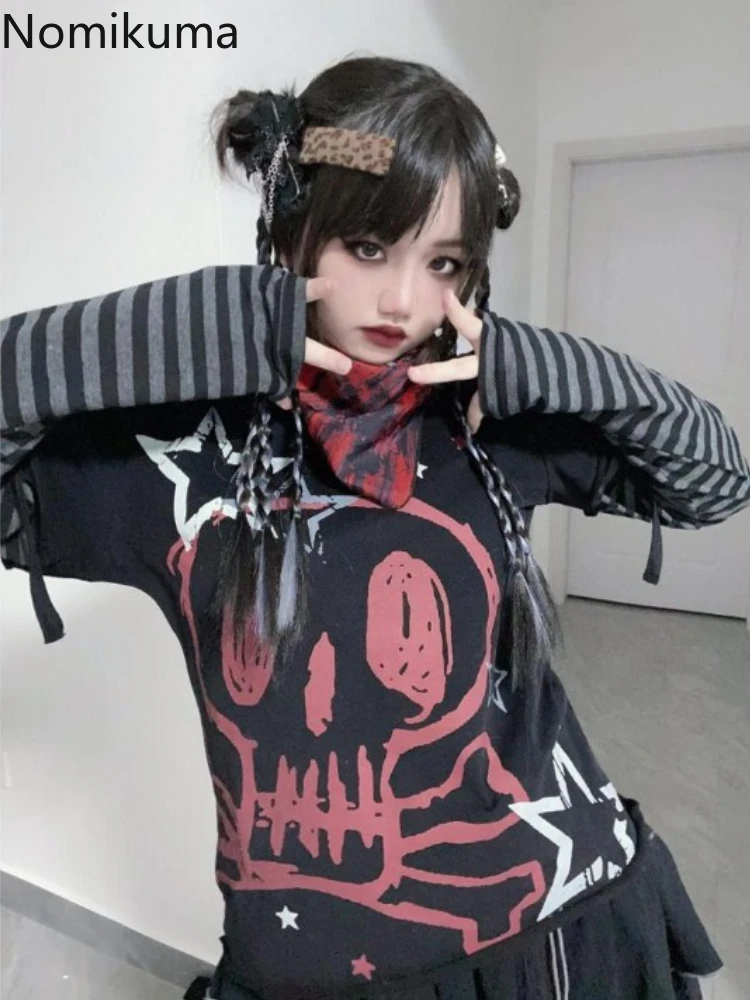 Oversized T Shirt Women's Clothing Chic Fake Two Tees 2024 Ropa Mujer Anime Punk Camisetas Skull Y2k Tops Casual Fashion T-shirt