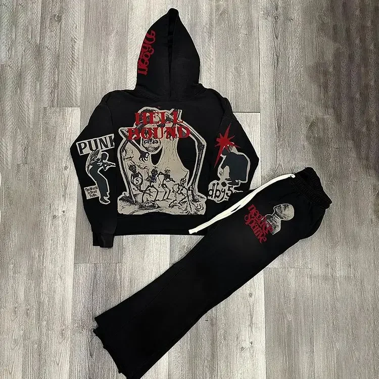 Loose Casual Pants Long Sleeve Black Mummy Print Sweatshirts Sports Suit Oversized Hoodie American Retro Y2k Gothic Harajuku