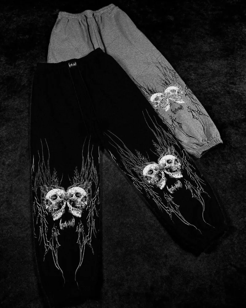 Gothic Punk Y2K Harajuku Streetwear Trousers Hip Hop Retro Skull Print Sweatpants Men Trendy Drawstring Loose Casual Sport Pants