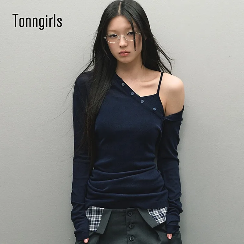 Tonngirls Harajuku Irregual T Shirt Women Skinny Long Sleeve Y2k Vintage Tee Tops Streetwear Korean Fashion Tshirts Autumn 2000s