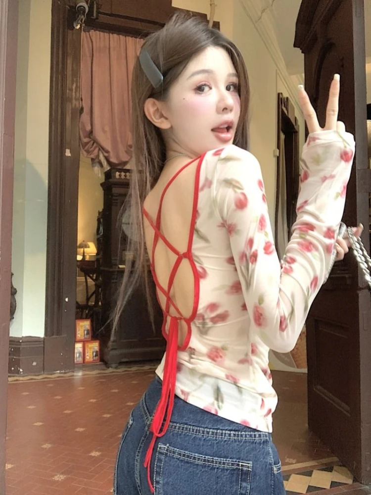 Women Harajuku Printing Grunge Crop Thin Mesh Tops Y2k Aesthetic Vintage Backless Bandage Tees Slim Fit Streetwear Sweet Tshirts