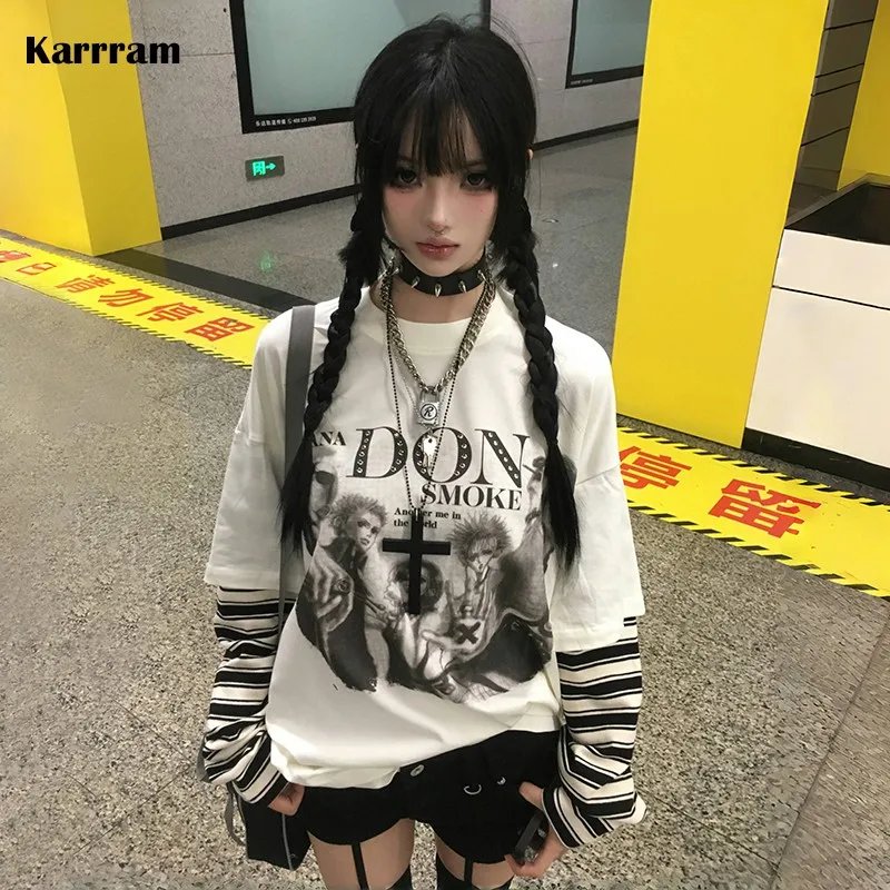 Karrram Japanese Y2k Fake Two-piece Tops Trashy 2000s Anime Print Long Sleeve T-shirt Grunge Aesthetics Patchwork T Shirt Gothic