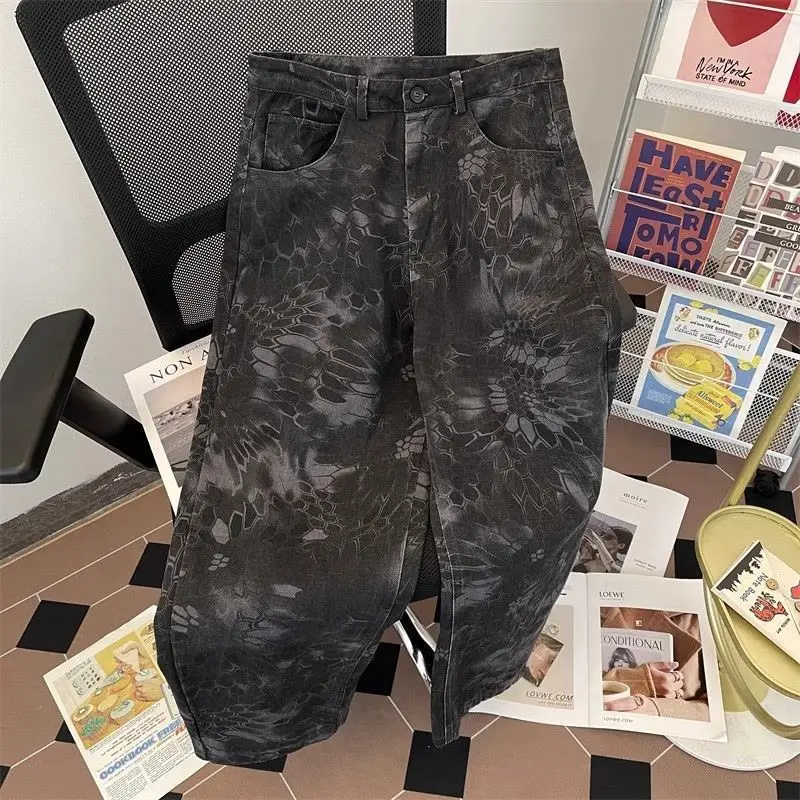 Gothic Punk Snake Pattern Camouflage Wash Baggy Jeans Men and Women Casual Straight Wide Leg Scimitar Pants Harajuku Streetwear