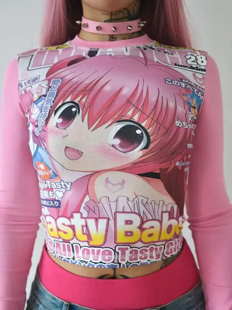 Japanese Style Cute Anime Long Sleeve T-shirt Cartoon Printed Slim Spicy Girl Top Y2k Spring Autumn Rend Clothes Harajuku Tees
