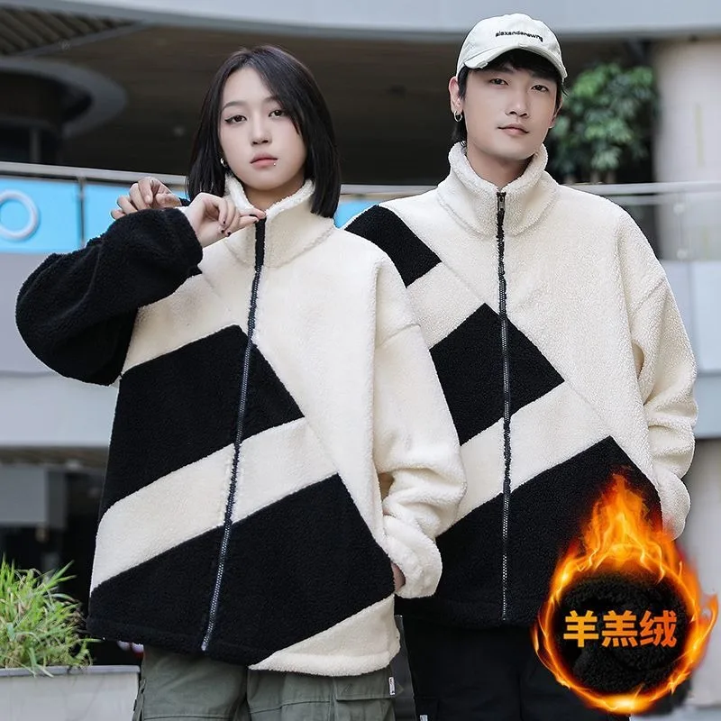 Y2K Fashion New Lambswool Jacket Male Gothic Punk Hip-hop Trend Couple Coral High Quality Loose Casual Cotton-padded Jacket Coat