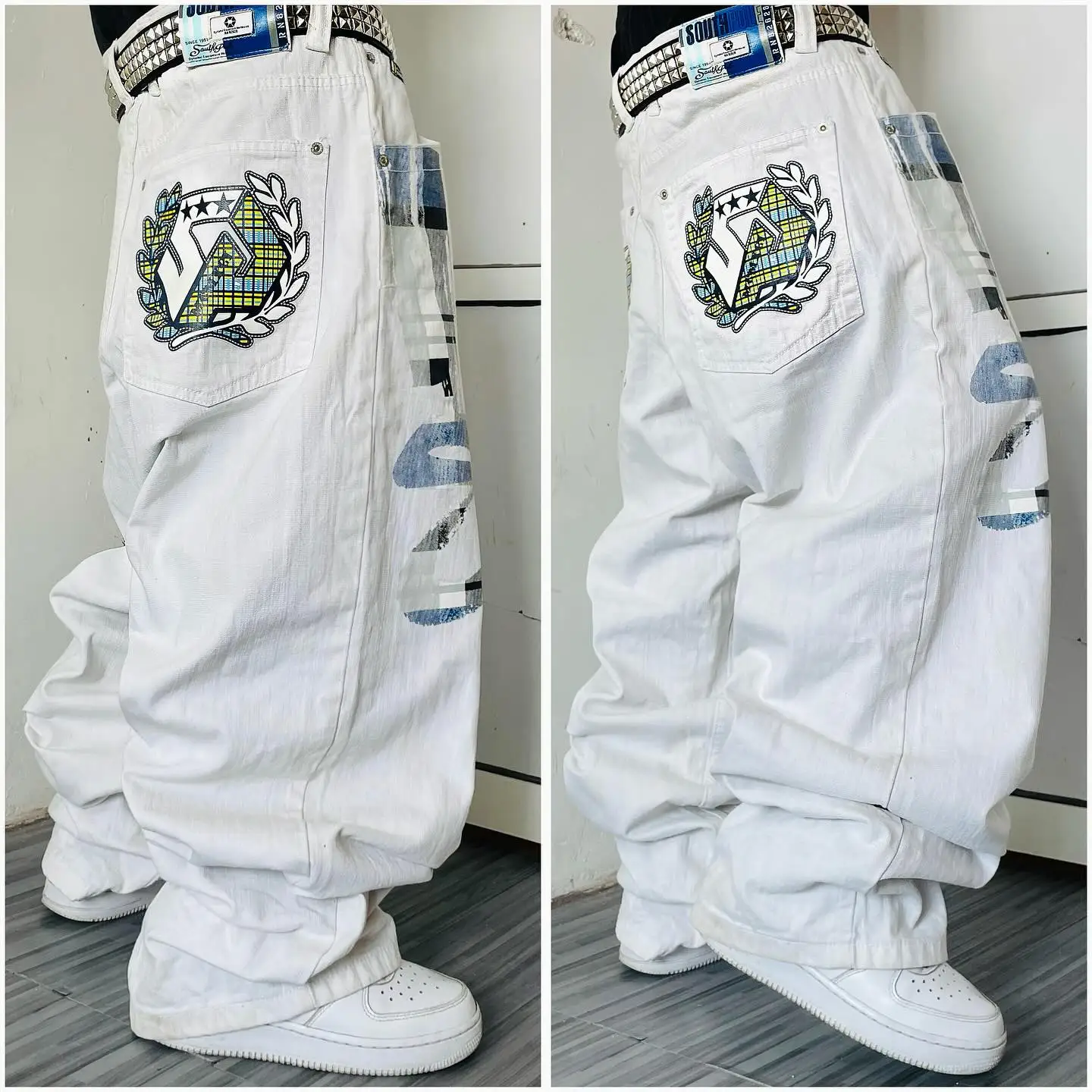 American Fashion 2025 Southpole New Y2k White Men Print Jeans Gothic Retro Loose Pants Street Casual Wide Leg Pant Couple Jeans