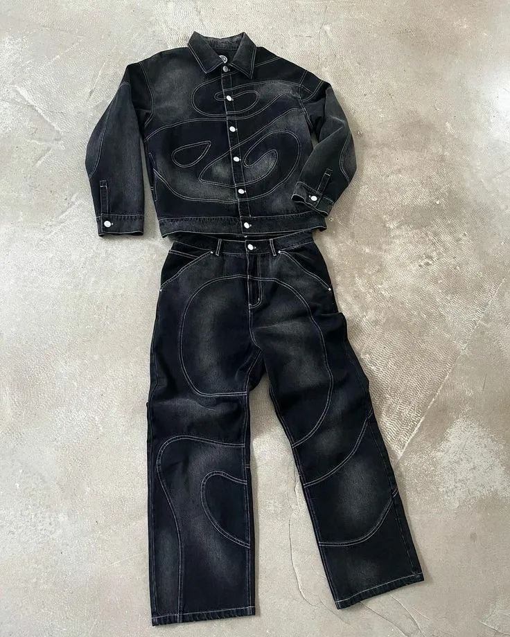 Streetwear Mens Clothing Harajuku Punk Striped Embroidered Denim Jacket Coat Goth Black Straight Pockets Skull Graphic Trousers