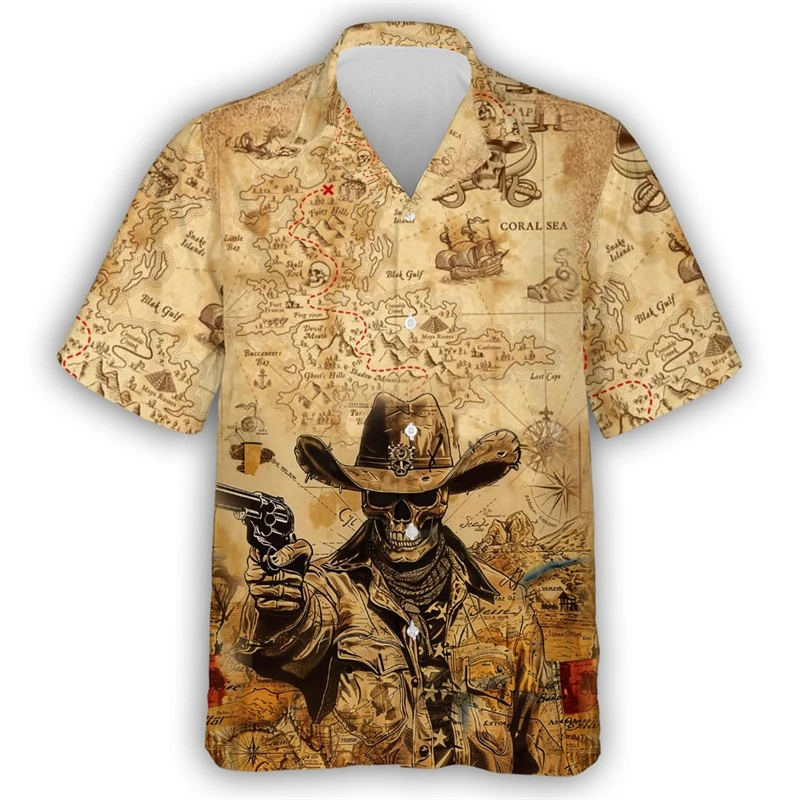 Hip Hop Skull Cowboy 3D Printed Shirts For Men Clothes Aloha Cute Animal Short Sleeve Fashion Women Blouses Vintage Male Tops