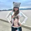 HOUZHOU Y2k Harajuku Streetwear T Shirts Women Japanese Style Kawaii Cuteore Coquette Cartoon Print Long Sleeve Slim Tees Tops