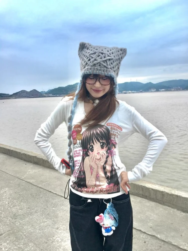 HOUZHOU Y2k Harajuku Streetwear T Shirts Women Japanese Style Kawaii Cuteore Coquette Cartoon Print Long Sleeve Slim Tees Tops
