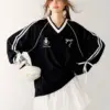HOUZHOU Vintage Y2k Women Sports T-shirts Oversized V-neck Black Jersey Top Long Sleeve Graphic Tee Coquette Aesthetic Blokecore