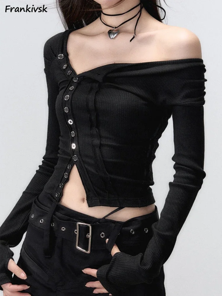 Slim T-shirts Women High Street Chic Spring Y2k All-match Schoolgirls Crop Tops Solid Black Crew Neck Hotsweet Korean Style Tees