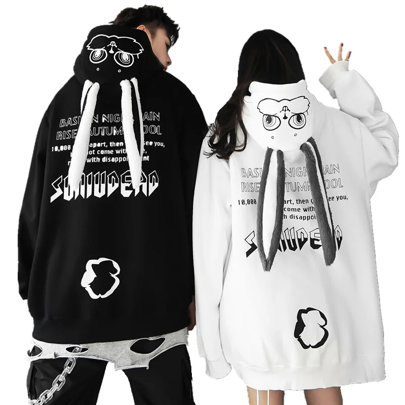 2025 Spring Autumn Couple Matching Cute Hoodie Plush Rabbit Long Ear Hooded Sweatshirt Women Kawaii Thicken Pocket Outwear