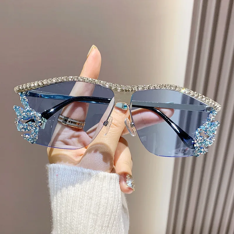 Vintage y2k Diamond Sunglasses Women For Female Popular Luxury Brand Designer Rimless Sun Glasses Metal Punk Crystal Shade UV400