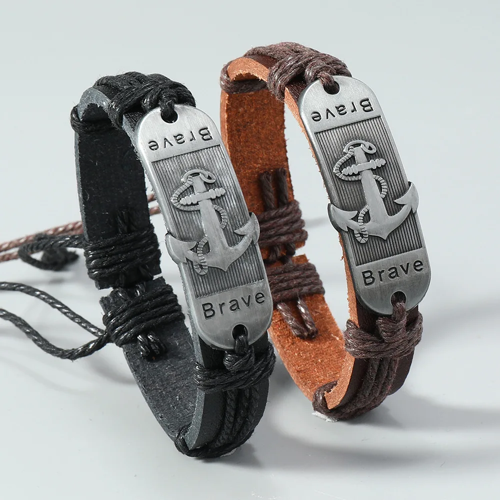 Retro Ocean Tide Beach Charm Anchor Bracelet Men Hand-woven Leather Bracelet Bangles Simple Vacation Jewelry Pulseras