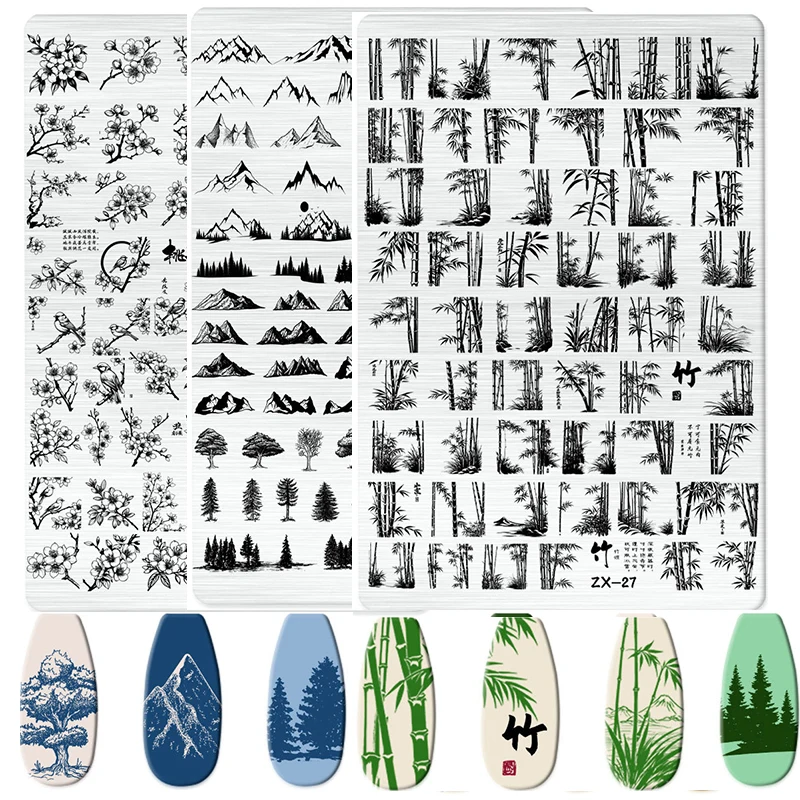 Plum Blossom Leaves Nail Stamping Plates Leaf Bamboo Floral Butterfly Line Printing Stencil Nail Stamp Templates Nail Art Tools