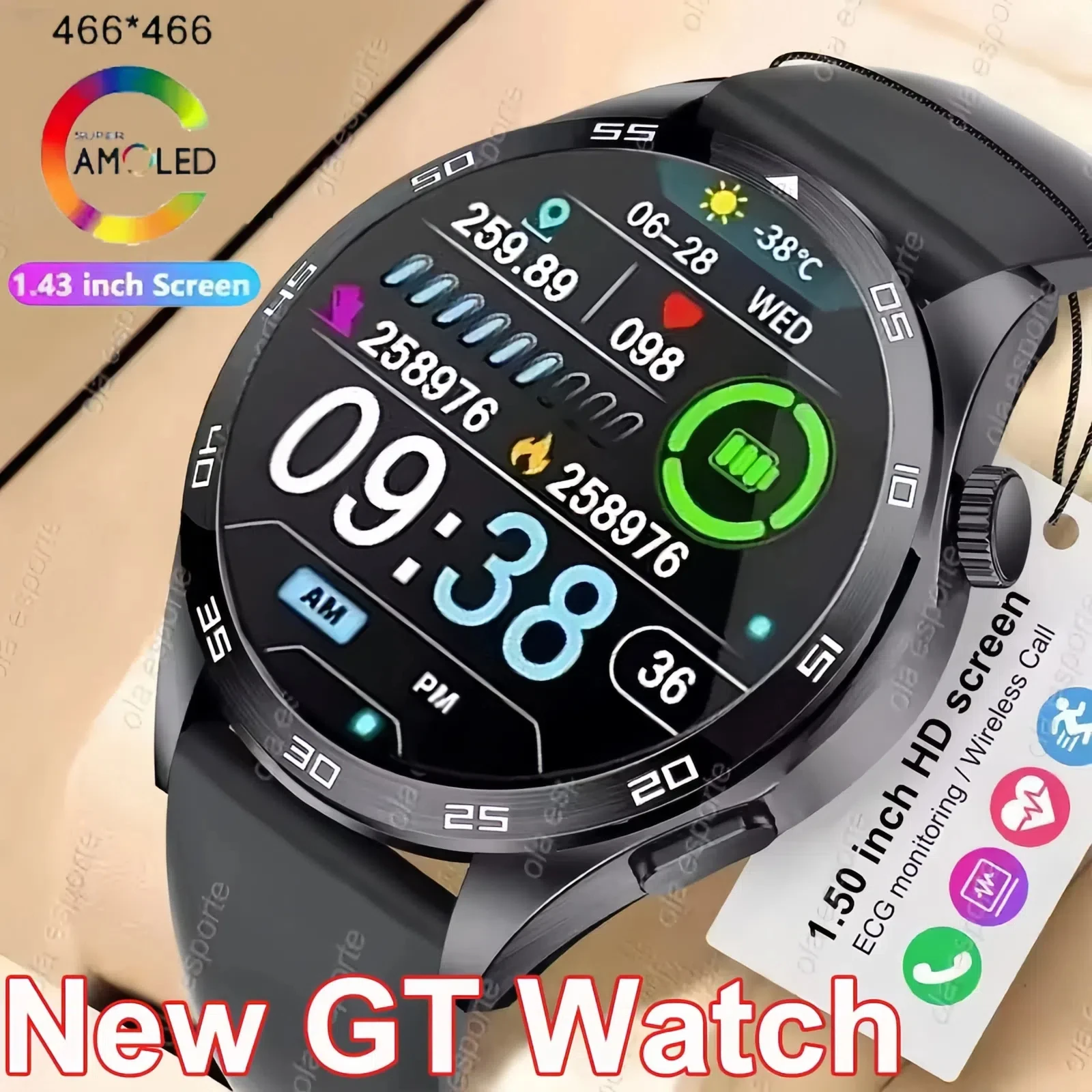 New GPS Smart Watch GT for Men Women AMOLED 360*360 HD Screen Heart Rate DIY Face Bluetooth Call Waterproof SmartWatch NFC 2024