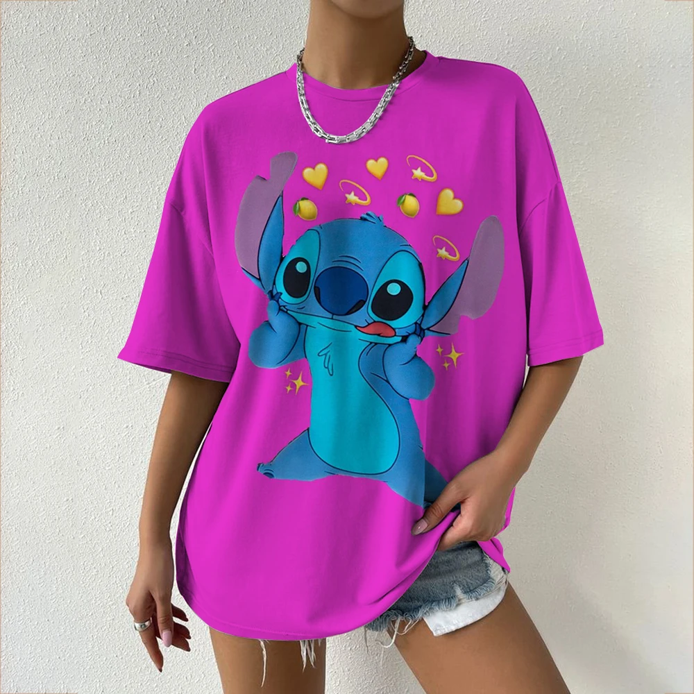 Disney Stitch print Women Cotton Short Sleeve Breathable Vintage O-Neck Tops All-math Casual T-Shirts Female Tee Clothing