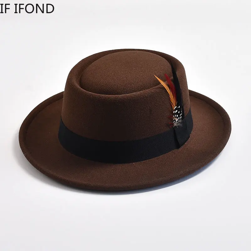 NEW Vintage Pork Pie Hat Mens Rolled Brim Felt Fedora Hat with Feather Gentleman Church Cap Trilby Jazz Hats