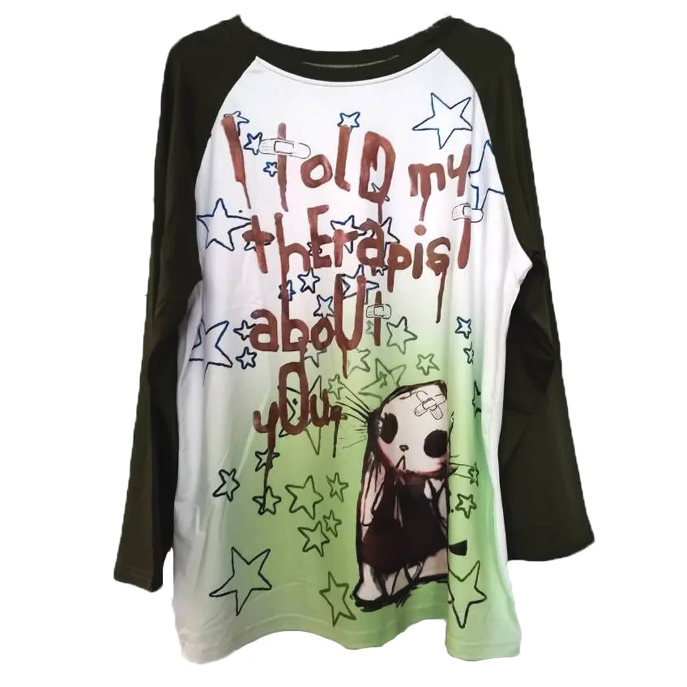 2025 Long Sleeve Y2k Aesthetic T-shirt Women 90s Punk Letter Tie Dye Cartoon Print Loose Graphic T Shirt Couple Fairy Grunge Tee