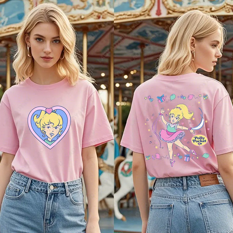 Funny Retro Polly Pocket Compact 90's O-neck T-shirt Vintage Cotton Women Tees Kawaii Two-sided Printed Tops Nostalgia Shirt