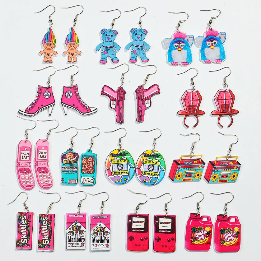 Cute Pink Phone Game Radio High Heels Ring Acrylic Print Earrings for Women Vintage Heart Bear Drop Earring Funny Y2K Jewelry