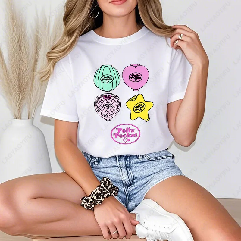 Polly Pocket Women Printing Tshirt Nostalgic Y2k 2000s O-neck Short-sleev T-shirt Vintage Aesthetic Unisex Cotton Tees Camisetas