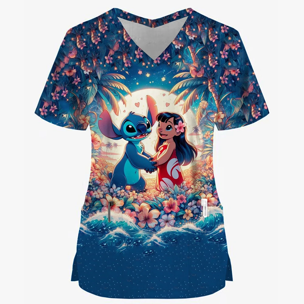 T-shirt Summer Pocket Shirts V Neck Woman Clothes Hospital Tops Disney Top Women 2024 Nurse Uniform Stitch T-shirts Tees Women's