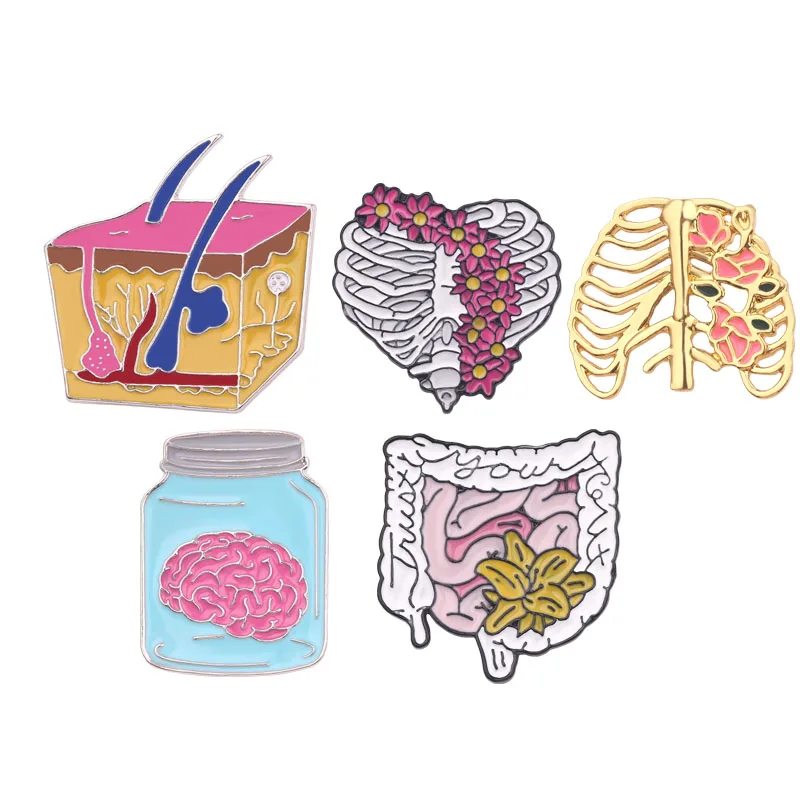 Skeleton Rib Viscera Neurological Brain Small Intestin Tissue Blood Capillary Biology Chemistry Pins Doctor Human Medical Brooch