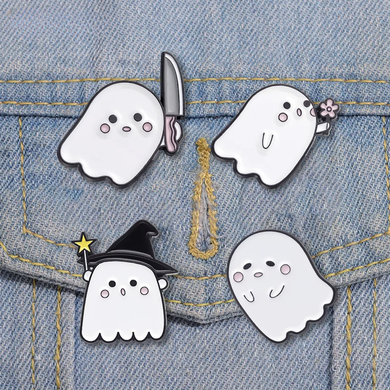 Funny Cartoon White Ghost Enamel Pins Cute Boo Metal Brooches Backpack Lapel Badge Ornaments for Kid Halloween Punk Jewelry Gift