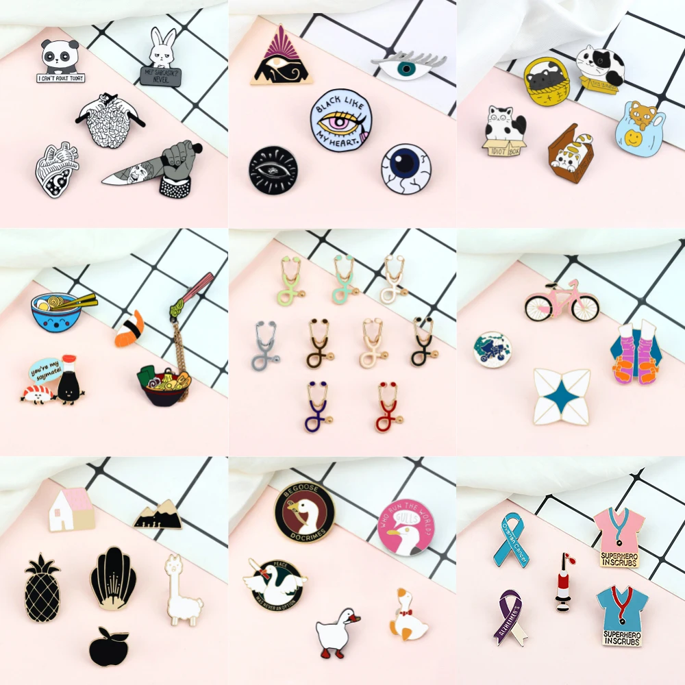 4-9pcs Classic Medical Stethoscope Brooch Cartoon Cute Animal Cats Goose Enamel Pins Punk Eyes Bag Lapel Badge Jewelry Wholesale