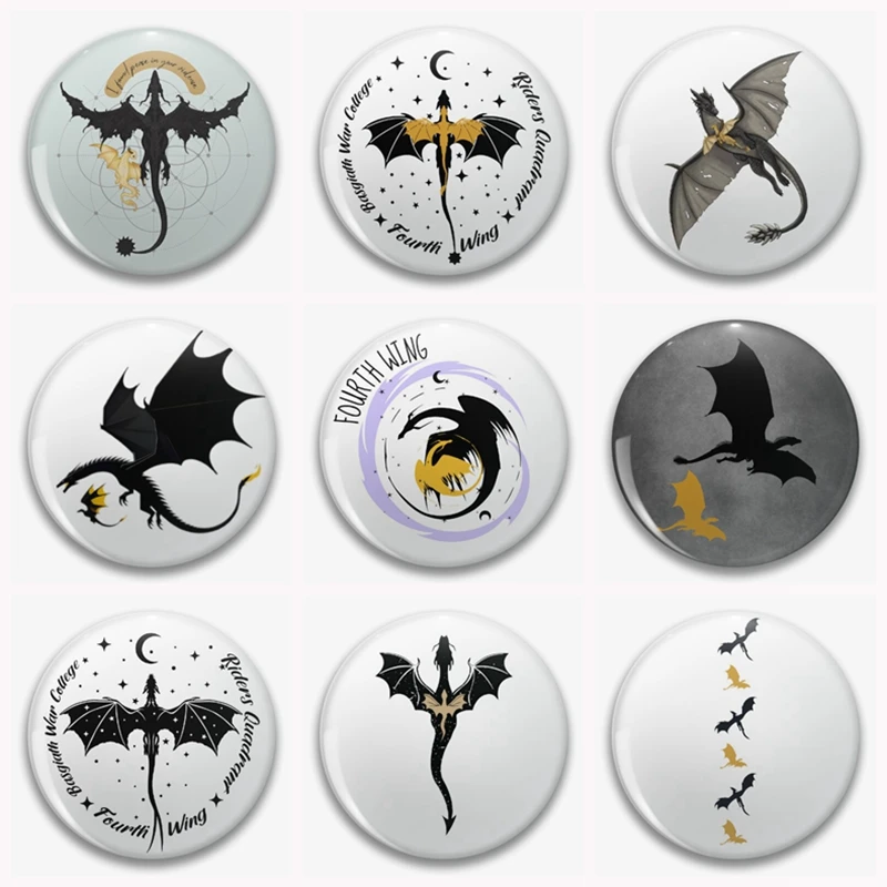Vintage Basgiath War College Button Pin Fourth Wing Black Dragon Brooch Creative Badge Bag Accessories Men Child Fans Gift 58mm