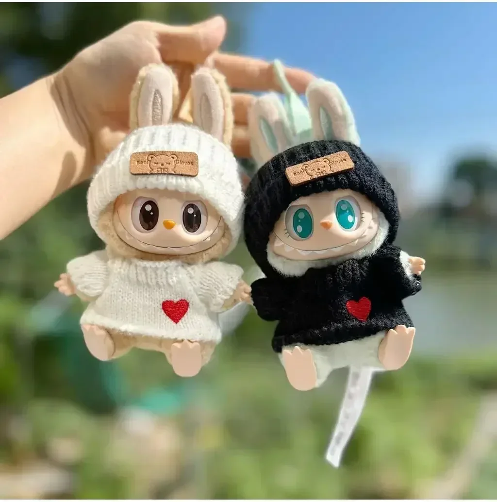 17cm labubu doll clothing, hat with bear tag, love sweater set, cute decoration, small clothes