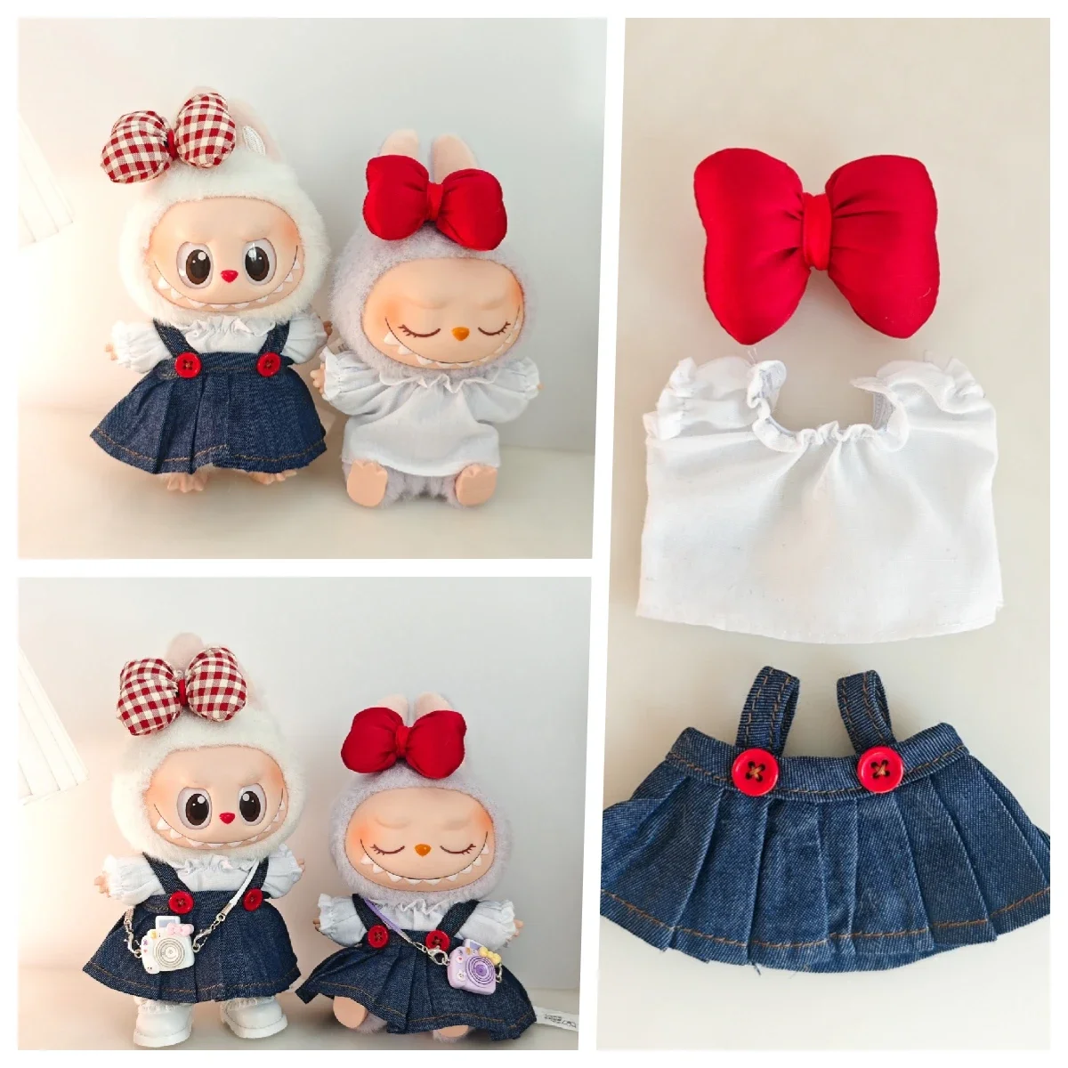 17cm Labubu Doll Clothes Denim Skirt Outfit with Red Bow Headband Set Fashionable Cute Outfits for Blythe Dolls BJD Doll