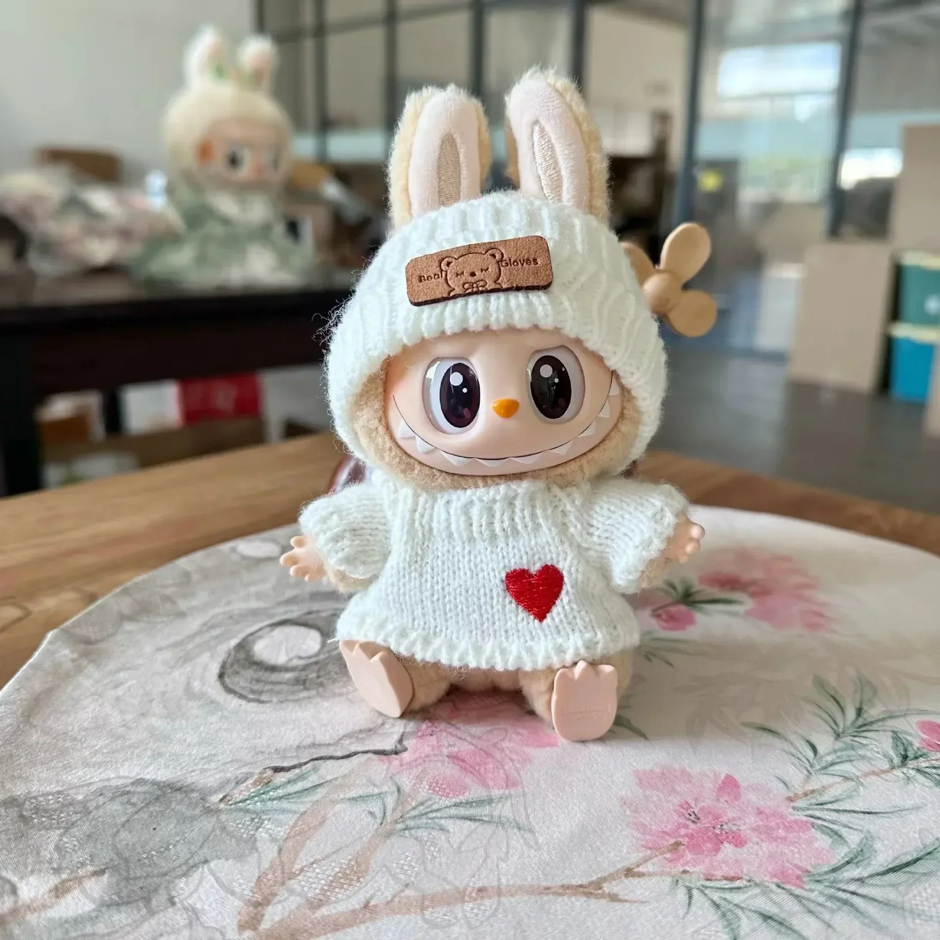17cm labubu doll clothing, hat with bear tag, love sweater set, cute decoration, small clothes