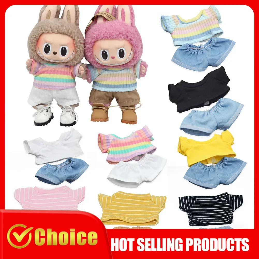 17cm Labubu Doll Clothes Set Cotton Tshirt Denim Shorts Outfit for 10cm Labubu Idol Dolls Fashion Accessories Leisure Wear Cute