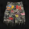Retro Blue Streetwear Patchwork Denim Short Y2K Jeans Men Women Hip Hop Cartoon Graphics Loose Camo Denim Fitness Casual Shorts