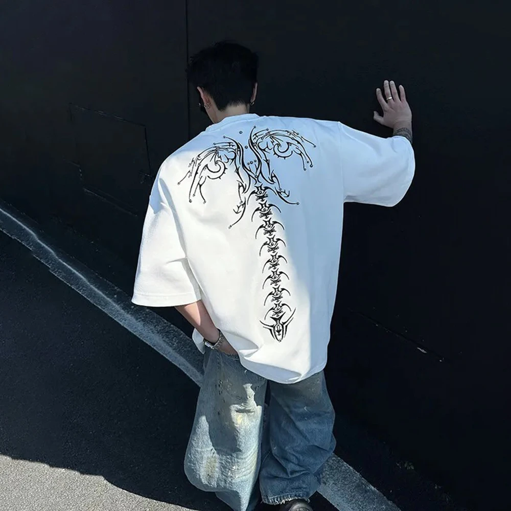 Summer New Men's Spine Embroidered Short-Sleeved T-Shirt American Fashion Retro Trend Street Hip-Hop Niche Loose Men's Tops