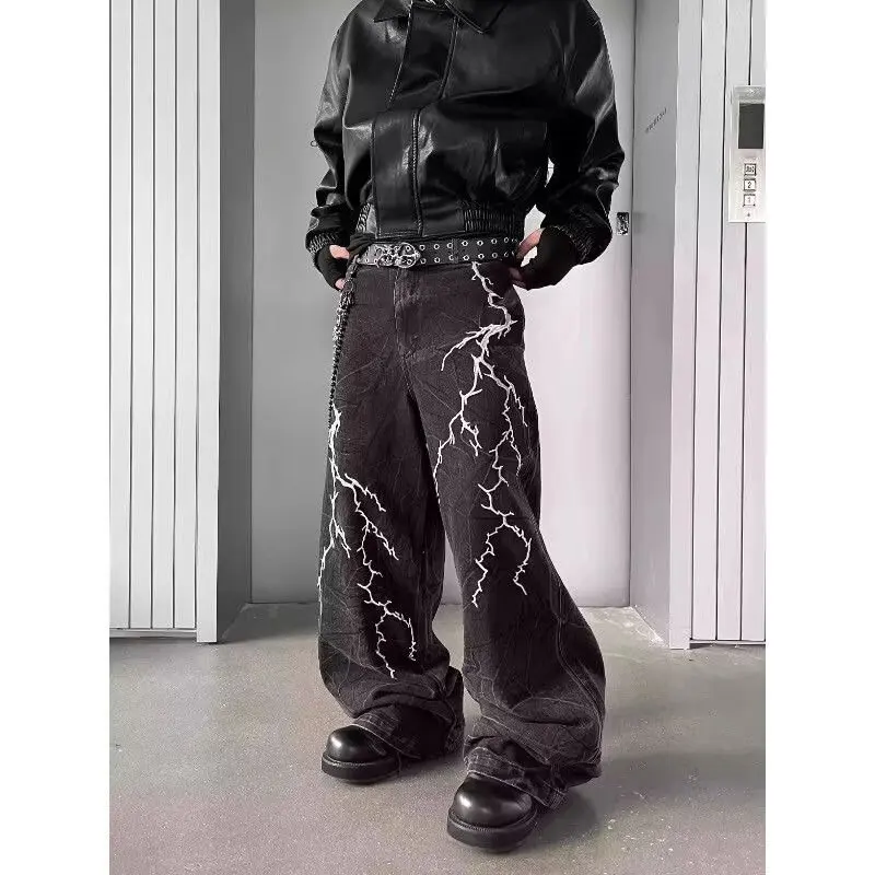 American High Street Y2K Style Thorn Lightning Embroidery Wide-Leg Jeans for Men, Niche Hip-Hop Loose Straight-Leg Flared Pants