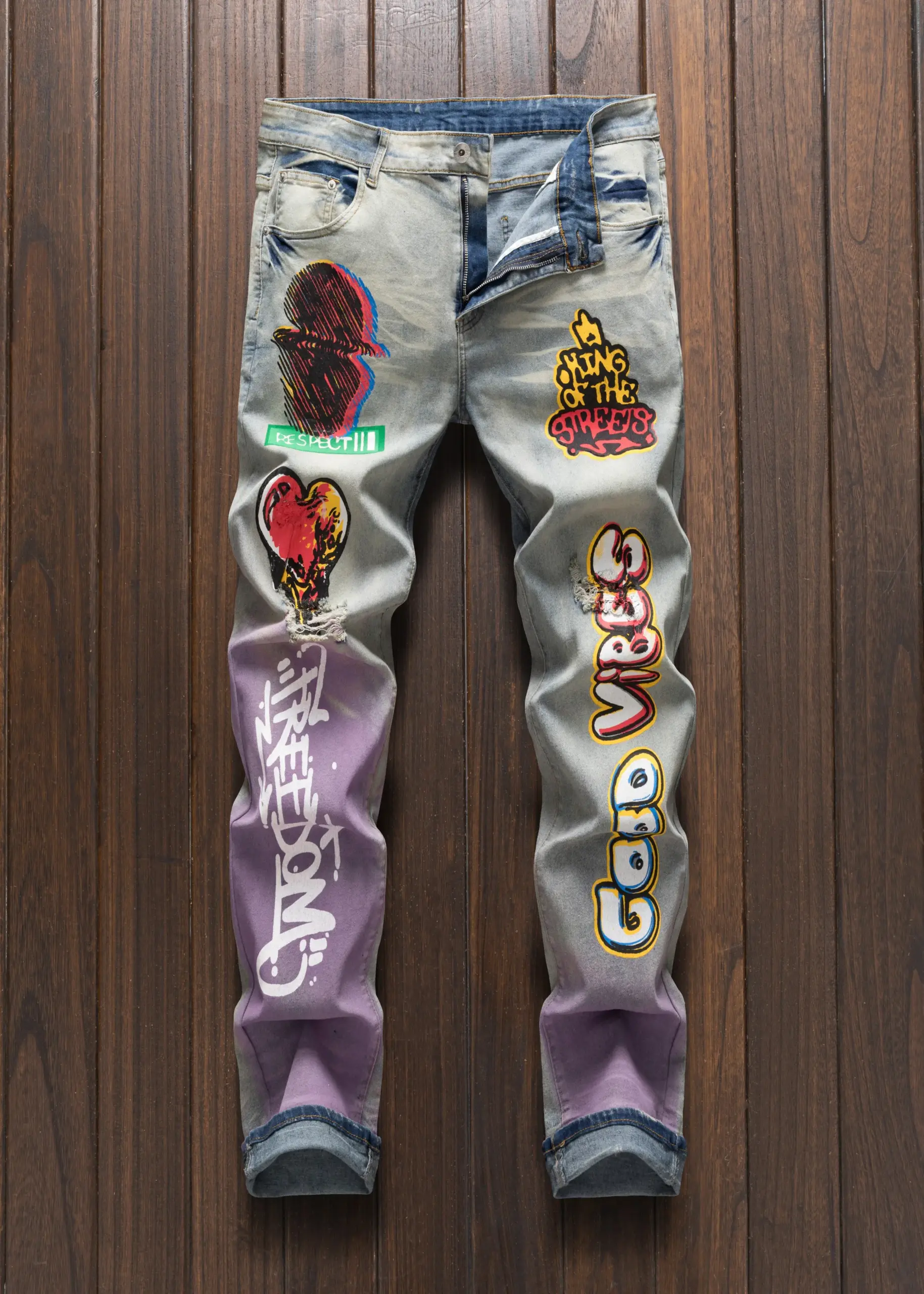 Men's street casual printed versatile fashionable slim fit straight hole vintage jeans