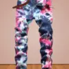 Europe and America wind new men's high street jeans tie-dyed red and blue contrast elastic street motorcycle youth fashion casua