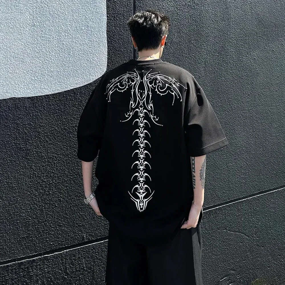 Summer New Men's Spine Embroidered Short-Sleeved T-Shirt American Fashion Retro Trend Street Hip-Hop Niche Loose Men's Tops - Image 6