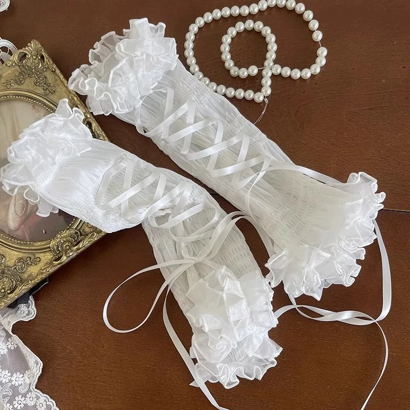 Japanese Y2K Harajuku Ballet Bow Tie Gloves Subculture Mesh Pleated Lace Sleeves Lolita Sweet JK Maid Long Cuff Gloves - Image 2
