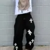 2025 Trendy Men's Black Wide Leg Pants Large White Cross Print Street Hip-Hop Pants Loose Casual Jogging Pants Gothic Fashion